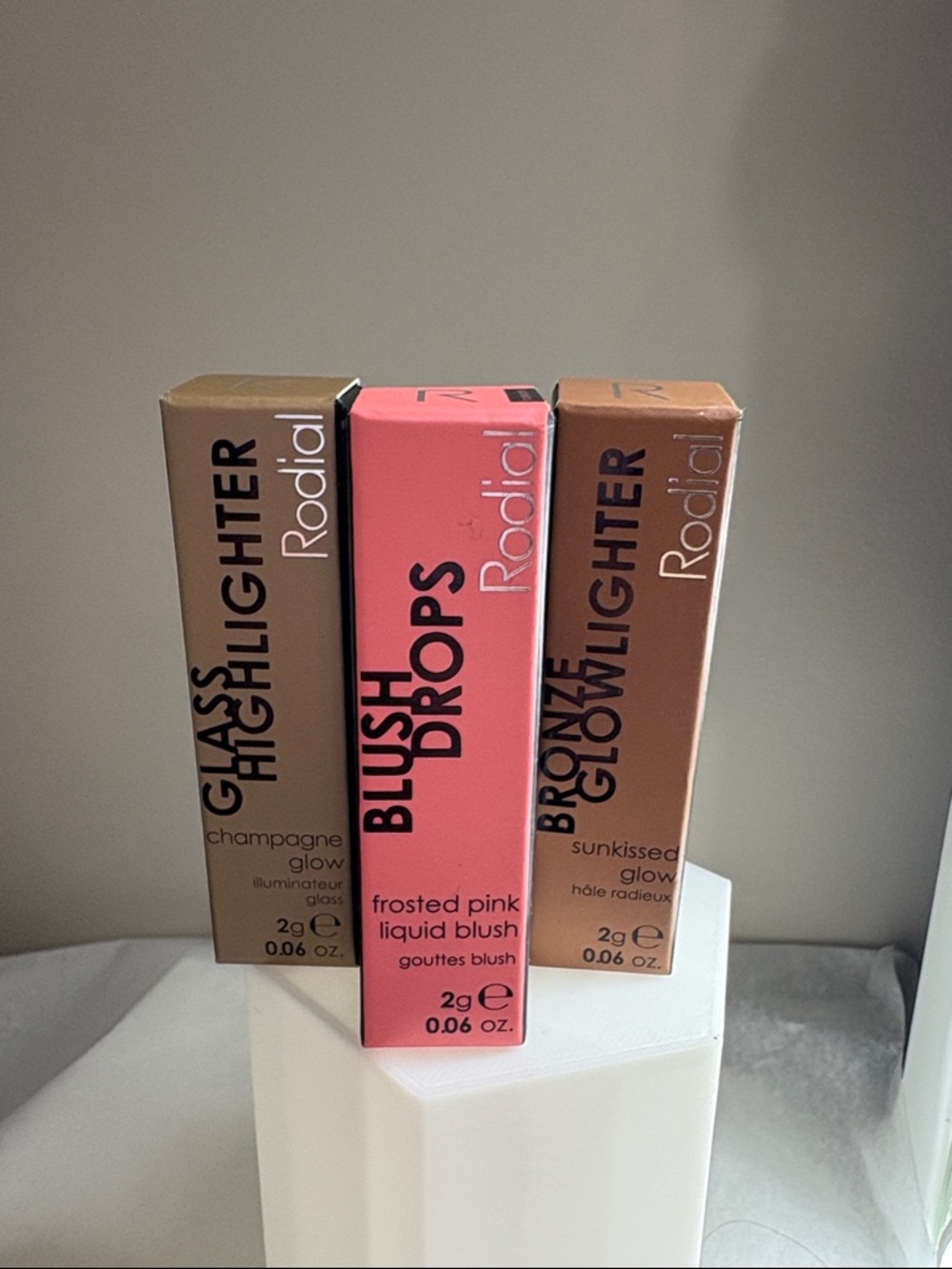 RODIAL TRIO BLUSH SROPS, GLASS HILIGHTER, AND BRONZE GLOWLIGHTER MINIS